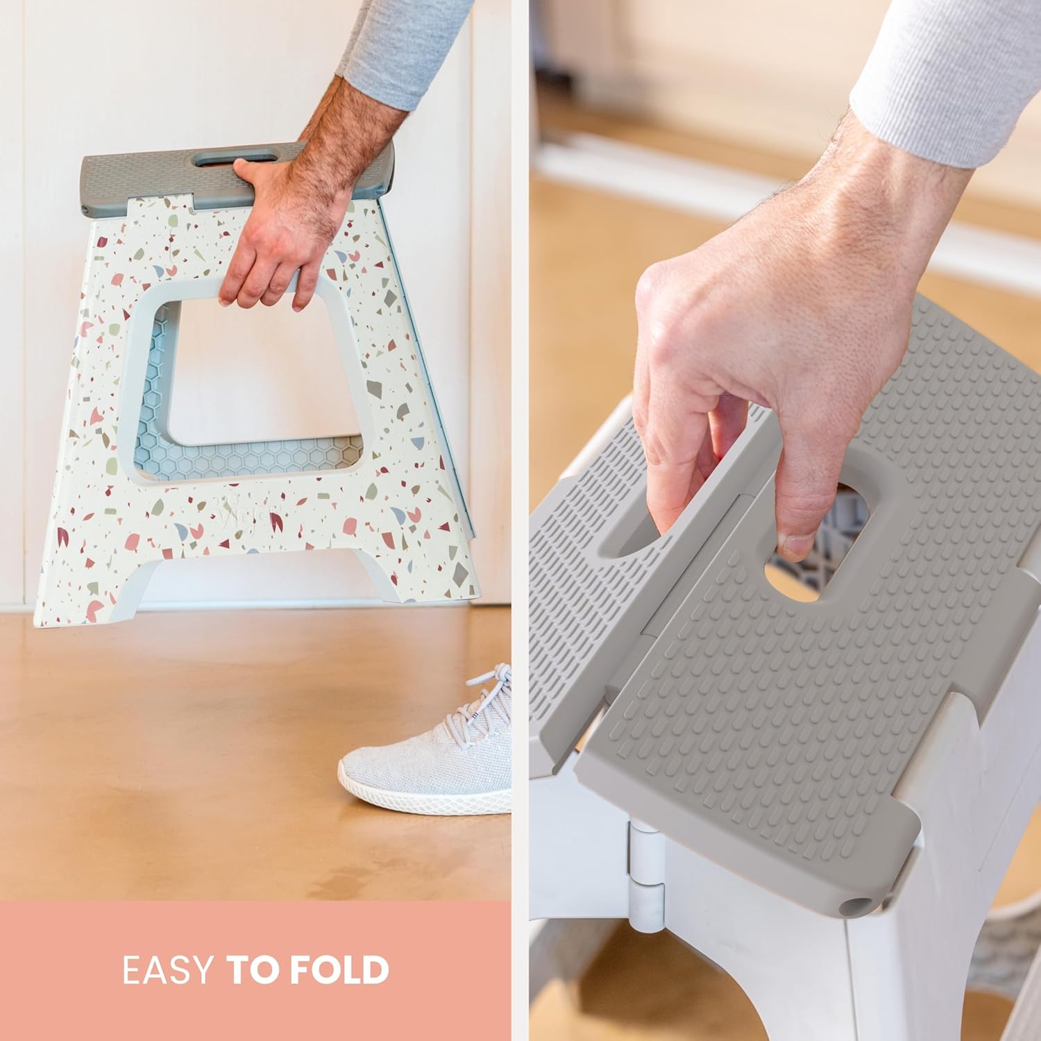 Vigar Foldable Step Stool - Lightweight Non-Slip Design for Adults | 12.5-Inch Grey Terrazzo Pattern, Supports 330 lbs