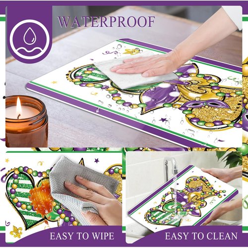 KOPOOEOE 6 Set Carnival Mardi Placemats, 11x16 Inch Fleur de Lis Heart Bead Plastic Placemats Spring Holiday New Orleans Cocktail Table Mats for Carnival Masquerade Party Festival Decor