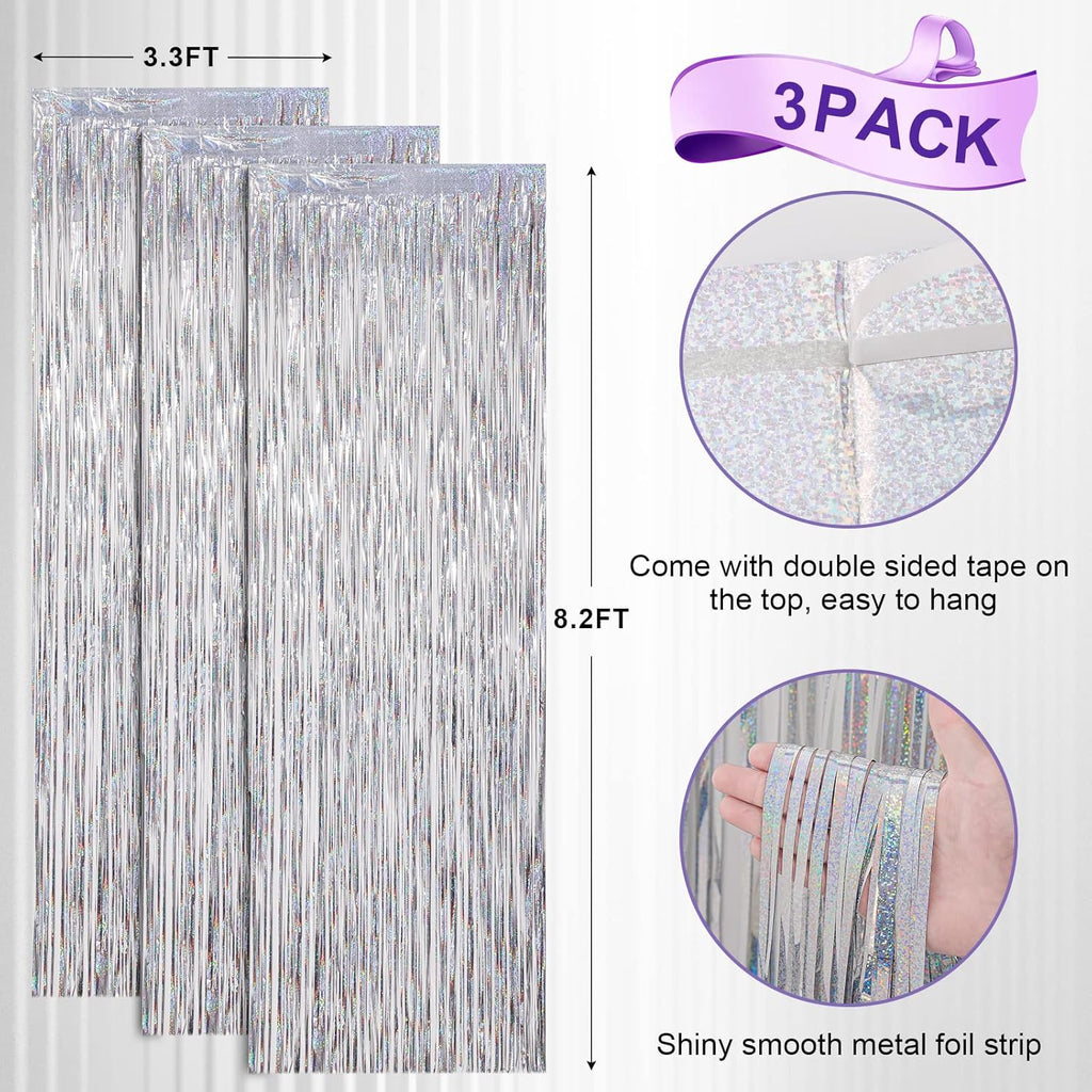 Voircoloria 3 Pack Laser Silver Foil Fringe Backdrop Curtains - 3.3x8.2 Feet for Parties & Events