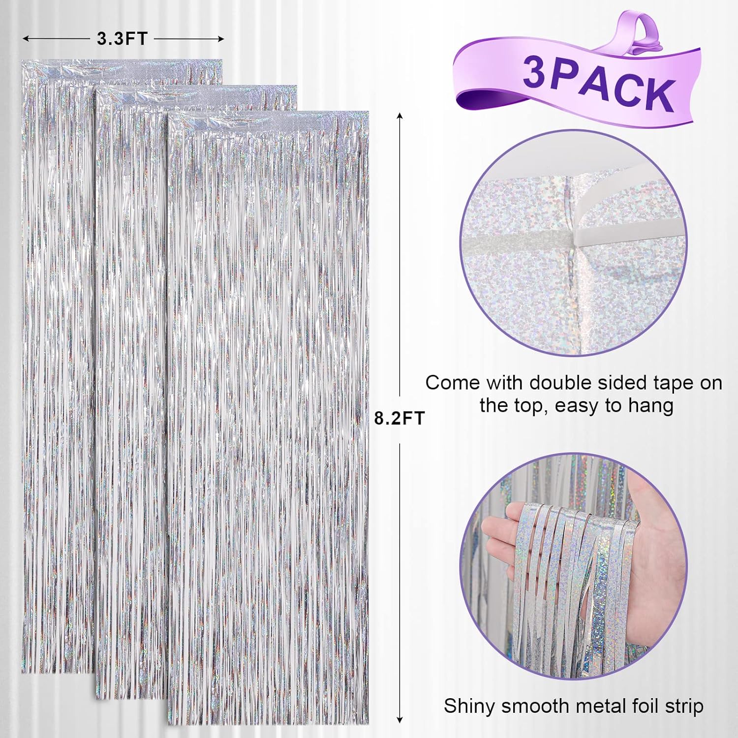 Voircoloria 3 Pack Laser Silver Foil Fringe Backdrop Curtains - 3.3x8.2 Feet for Parties & Events