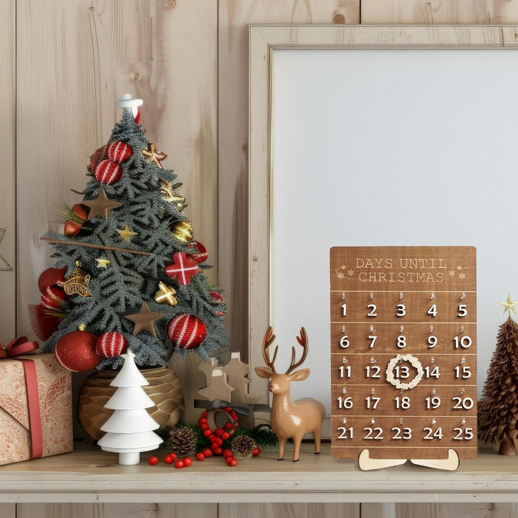 Skiennix Christmas Advent Calendar - Wooden Countdown Wall Hanging Sign for Holiday Decor | Rustic 2025 Design