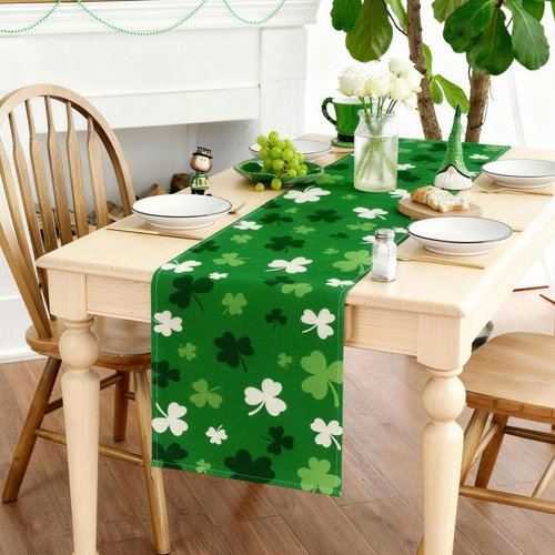St. Patrick's Day Table Runner 72 x 13 Inch St. Patrick's Day Table Centerpieces Cover White Green Shamrocks Theme Decor for Irish Holiday Celebration, Home, Party, Saint Patricks Decorations