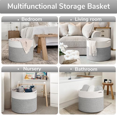 Goodpick Blanket Basket, 15.8"x15.8"x13.8" Woven Rope Basket for Blankets, Kids Toy Storage Organizer Bins, Toy Storage for Nursery, Light & Grey