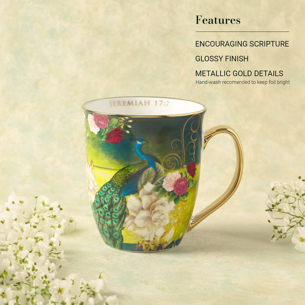 Christian Art Gifts Blue Peacock Ceramic Coffee Mug with Gold Accents – 14 oz. Lead and Cadmium-free Inspirational Scripture Coffee and Tea Mug for Women & Men with Bible Verse: Blessed –Jeremiah 17:7
