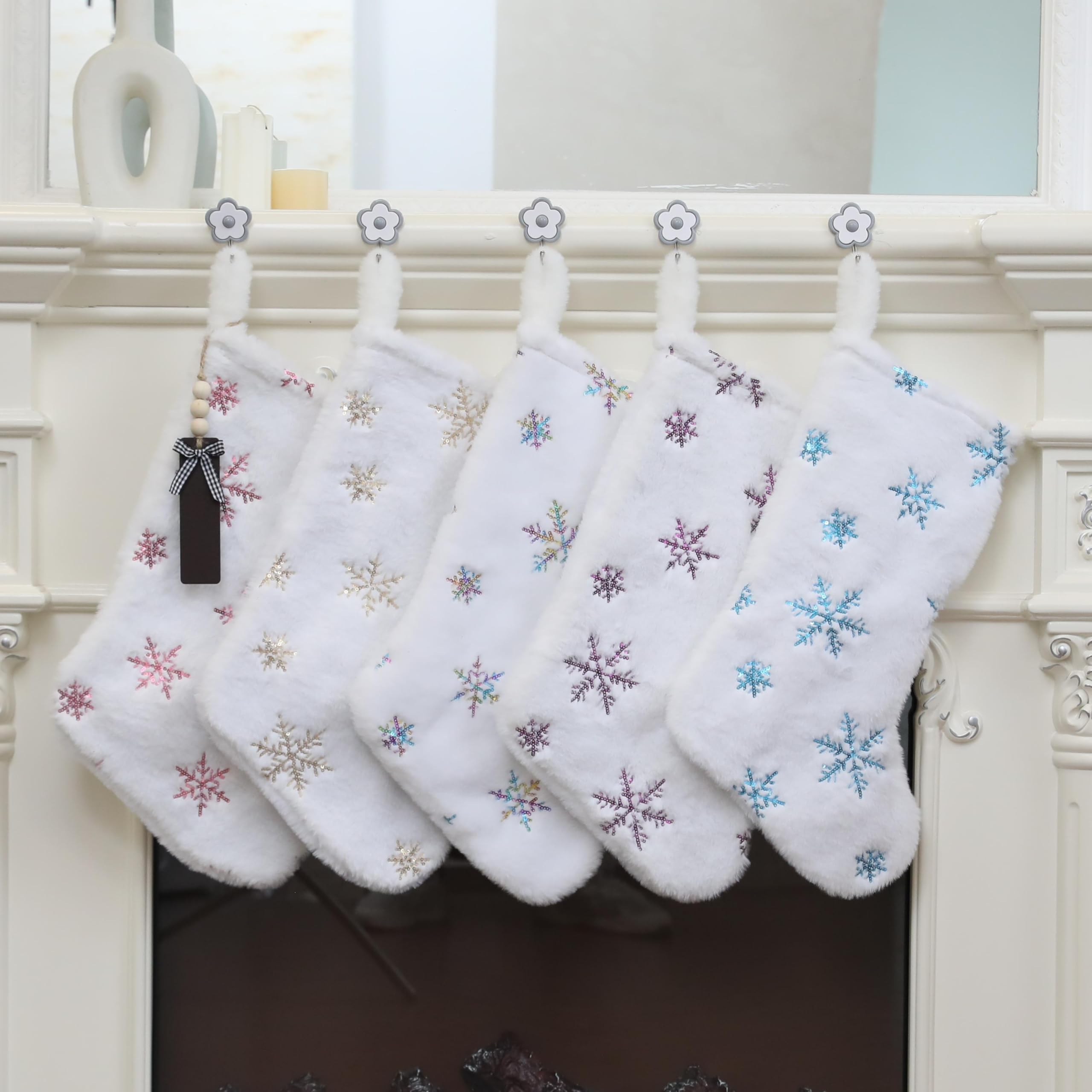 TWSANTAMAS 4PCS White Plush Christmas Stockings, 18 Inch Sequin Embroidered Snowflake Fireplace Hanging Stockings Set with Name Tags for Family Holiday Xmas Party Decorations(Blue Snowflake)
