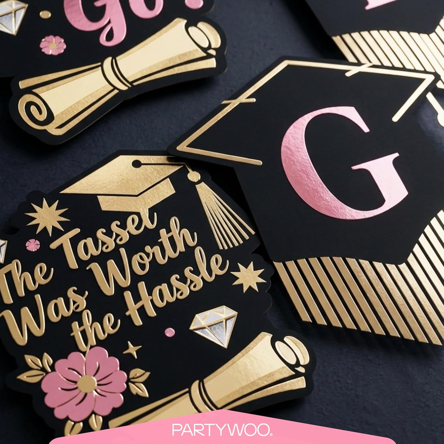 PartyWoo Graduation Decorations - Class of 2026 Black, Gold & Pink 19-Piece Set with Congrats Banner & Balloons