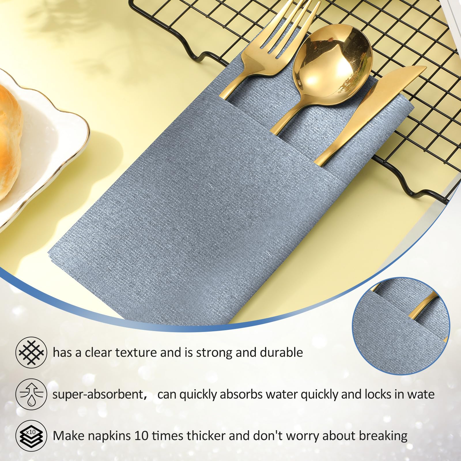 Qilery 150 Pieces Dusty Blue Linen Feel Napkins, Disposable Paper Napkins Prefolded Dinner Napkin with Built-in Flatware Pocket for Silverware Valentine Wedding Party Decoration