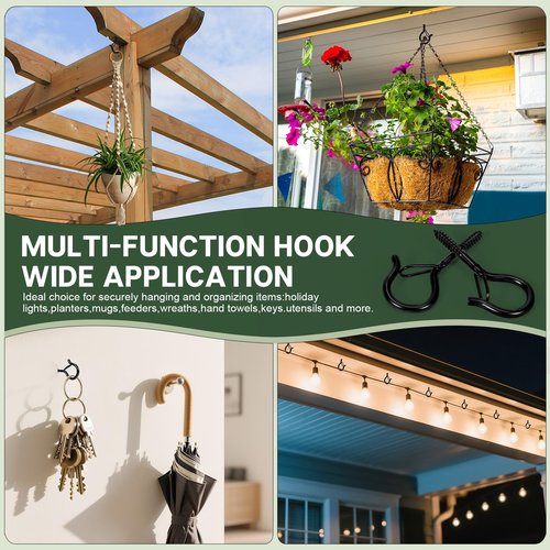 InPoTo 12PCS Q Hanger Hooks with Safety Buckle, Windproof Screw Hooks, Outdoor String Lights, Plants, Christmas Lights, Patio Lights Use, 2.2 Inches, Black with 1 Wing Nut Driver