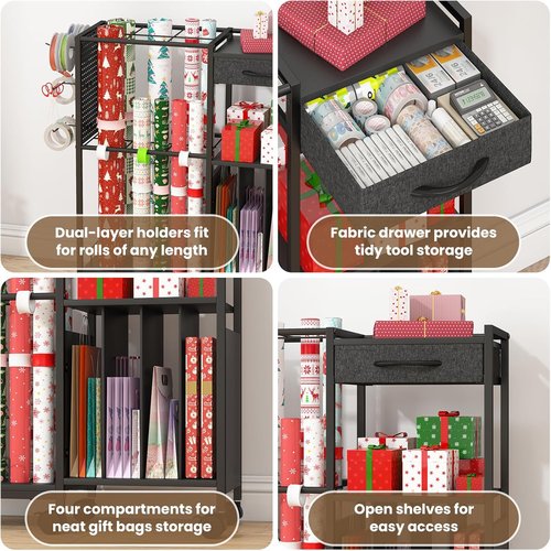 Kikihouse Gift Wrap Organizer Cart - Rolling Storage Station with 12PCS Slap Bands & Hooks | Black