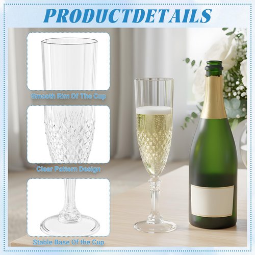 LEYIQU Plastic Champagne Flutes, Champagne Glasses Bulk, Reusable Unbreakable Acrylic Wine Glasses Goblets for Weddings Bachelor Parties Toasting Bridal Shower (24,Transparent)