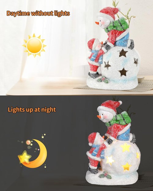 iStatue Snowman and Child Christmas Ornament - LED Light Resin Figurine | Unique Holiday Decor & Gift Idea