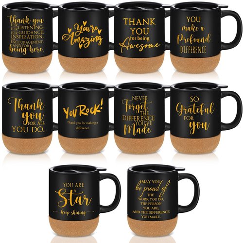 Jingmore 10 Pcs Employee Appreciation Gift Bulk Non-slip Cork Bottom Coffee Mug 13.5 oz Ceramic Tumbler Inspirational Mug Graduation Thank You Gifts for Teacher Volunteer Nurse(Classic)