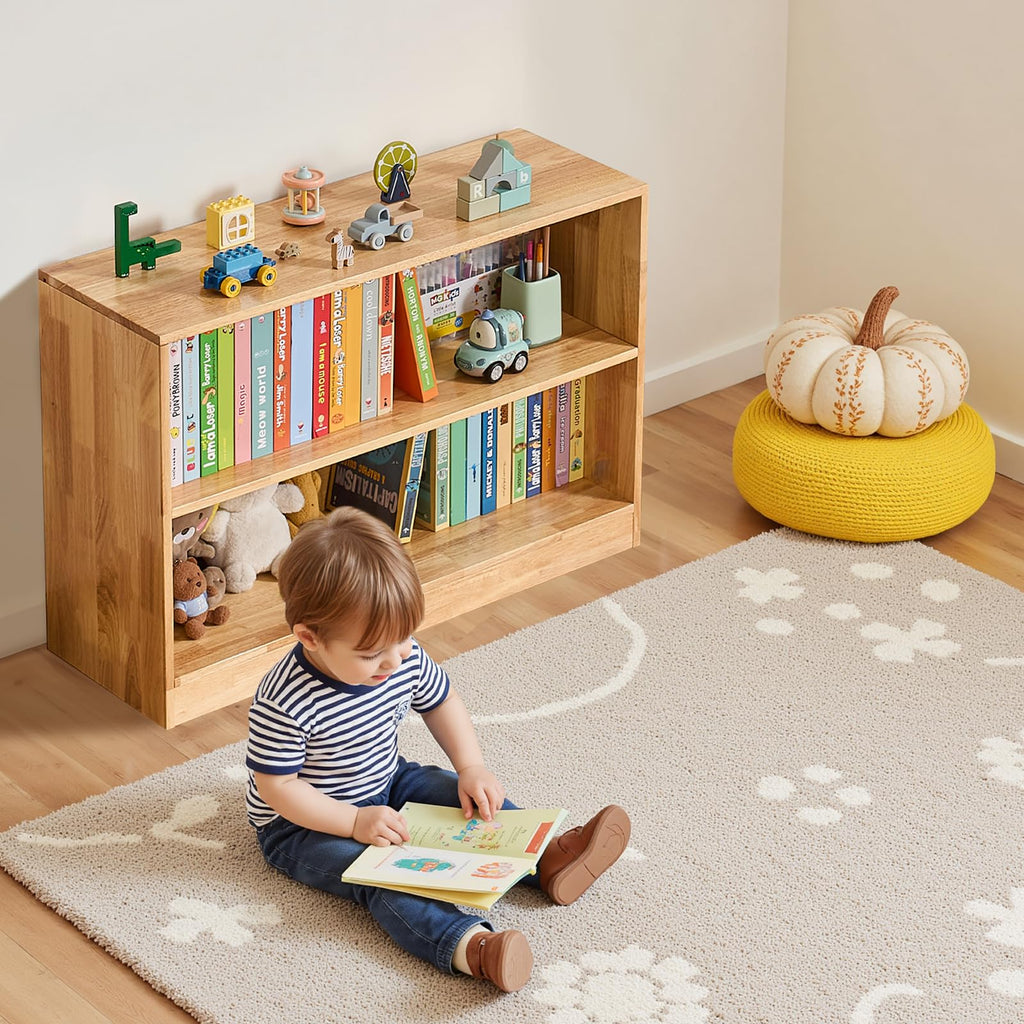 VEVOR Montessori Bookshelf, Wooden Toy Storage Organizer, 2-Cubby Toy Organizers and Storage, Daycare Furniture, Kids Bookshelf for Bedroom, Nursery, Living Room, Entryway, Preschool, Rubberwood