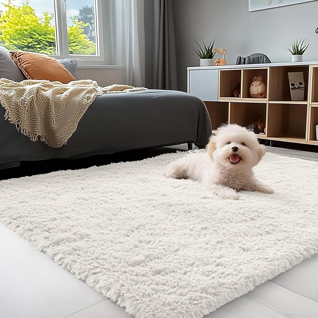 OLANLY Area Rugs - Soft Fluffy Shaggy Indoor Carpet for Living Room & Bedroom | Ivory, Machine Washable
