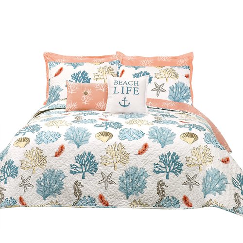 Lush Decor Coastal Reef Feather Reversible Quilt Set, 7 Piece Set Full/ Queen Blue & Coral - Queen Bedding Set Quilted - Coastal Decor - Beach House - Beachy Room