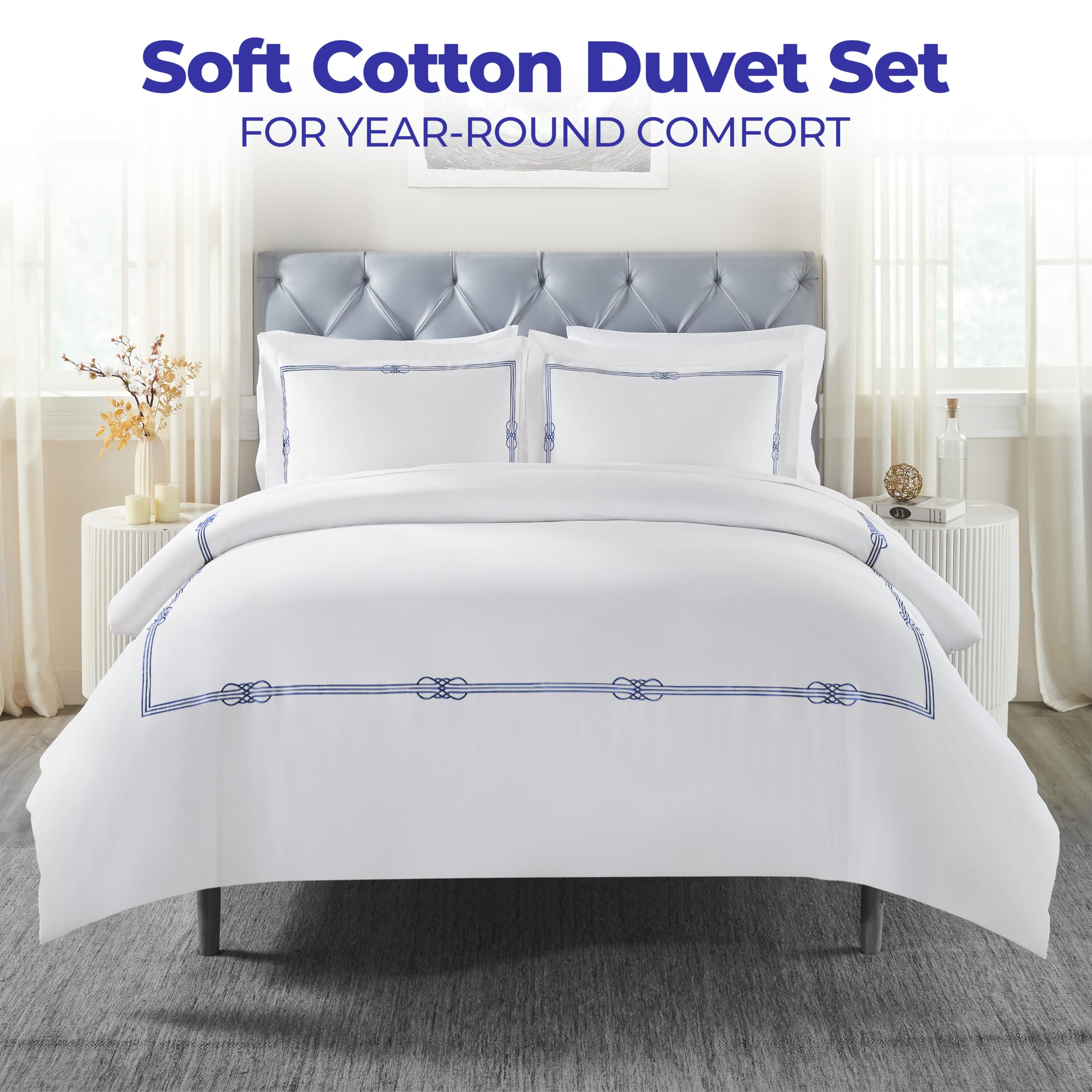 Superior Embroidered Cotton Duvet Cover Set, Soft Bedding Covers, Bedroom, 1 Duvet Cover with Button Closure, 2 Pillow Shams, Elegant Design, Moonlawn Collection, Full Size/Queen Size, White/Navy Blue