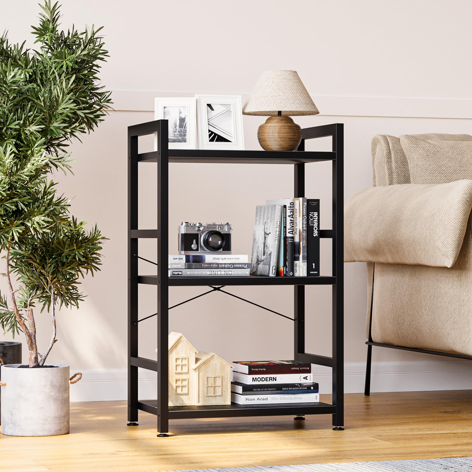 NUMENN 4 Tier Small Bookshelf, Industrial Bookcase Shelf Storage Organizer, Modern Book Shelf for Bedroom, Living Room and Home Office, Black