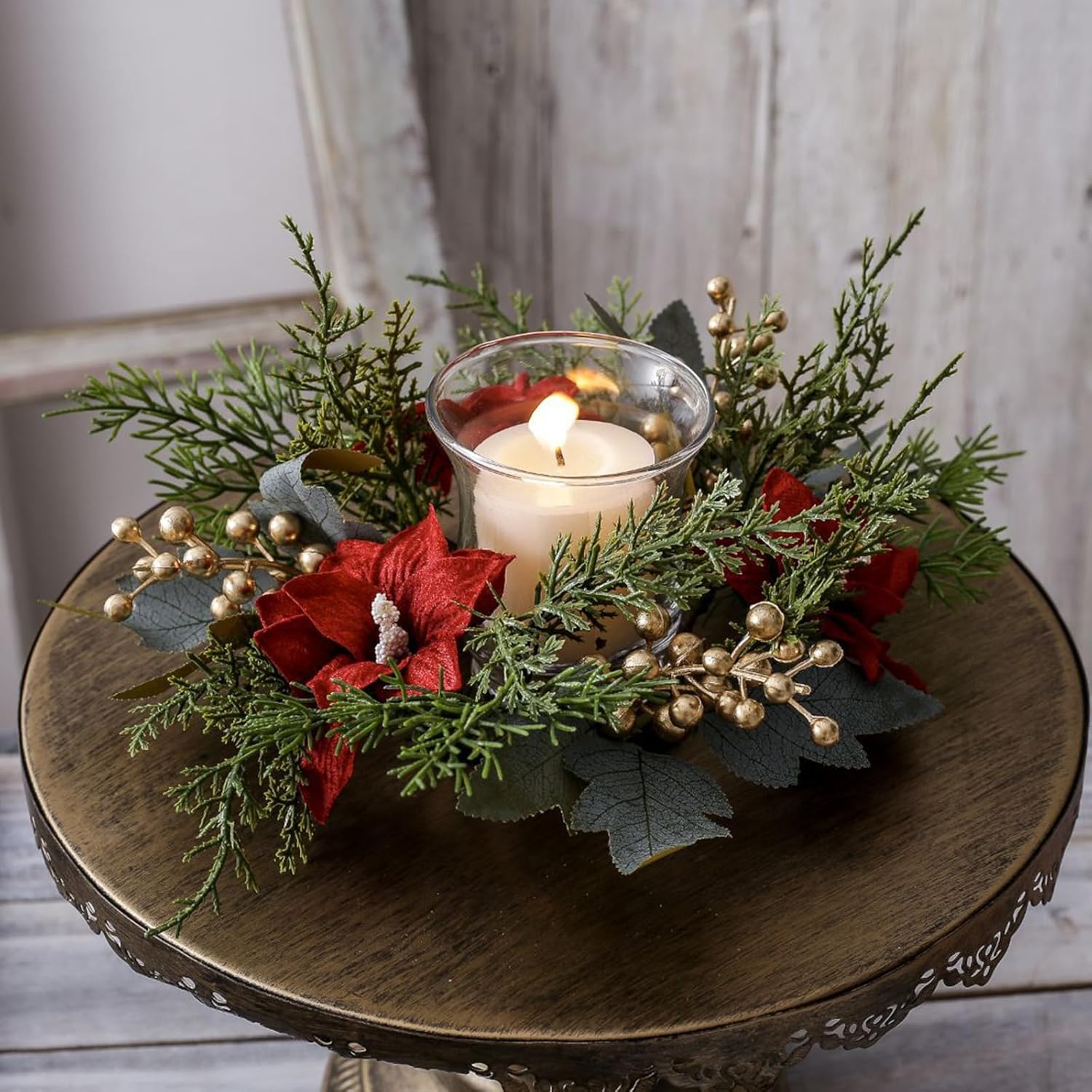 Regine Switzerland Christmas Candle Rings - Elegant Gold Berries & Pine Needles | 2-Piece Set for Holiday Decor