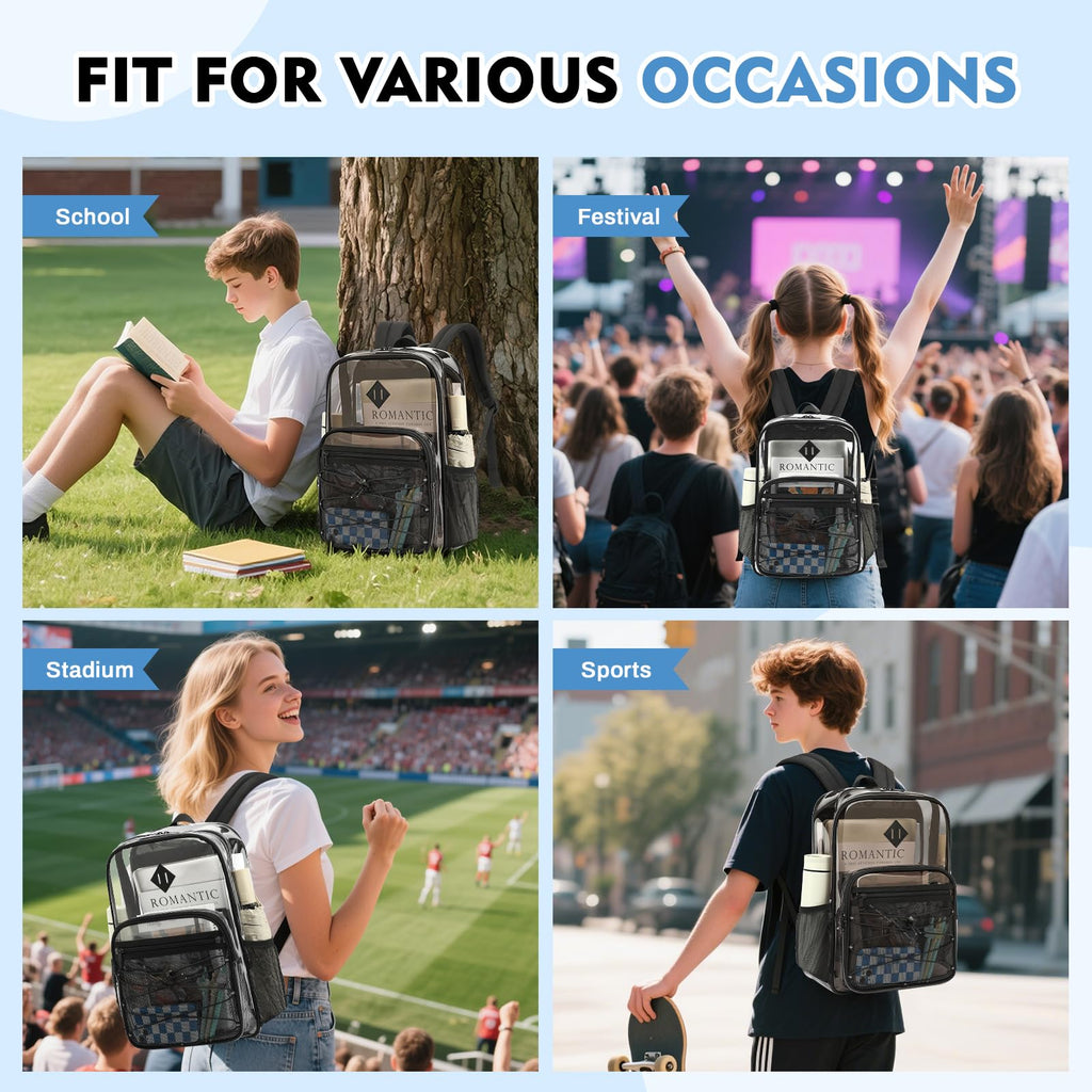 MUSEVOS Clear Backpack Heavy Duty for School, Large PVC See Through Backpacks for Stadium Events, Travel, Clear BookBag for Kids, Boys and Girls, Semi Black