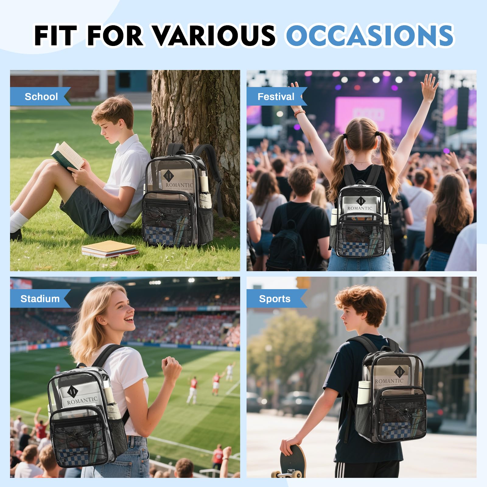 MUSEVOS Clear Backpack Heavy Duty for School, Large PVC See Through Backpacks for Stadium Events, Travel, Clear BookBag for Kids, Boys and Girls, Semi Black