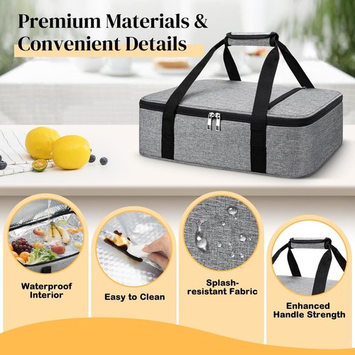 Coobiiya Insulated Casserole Carrier - Thermal Lunch Bag Keeps Food Hot or Cold | Fits 9" x 13" Dish - Grey