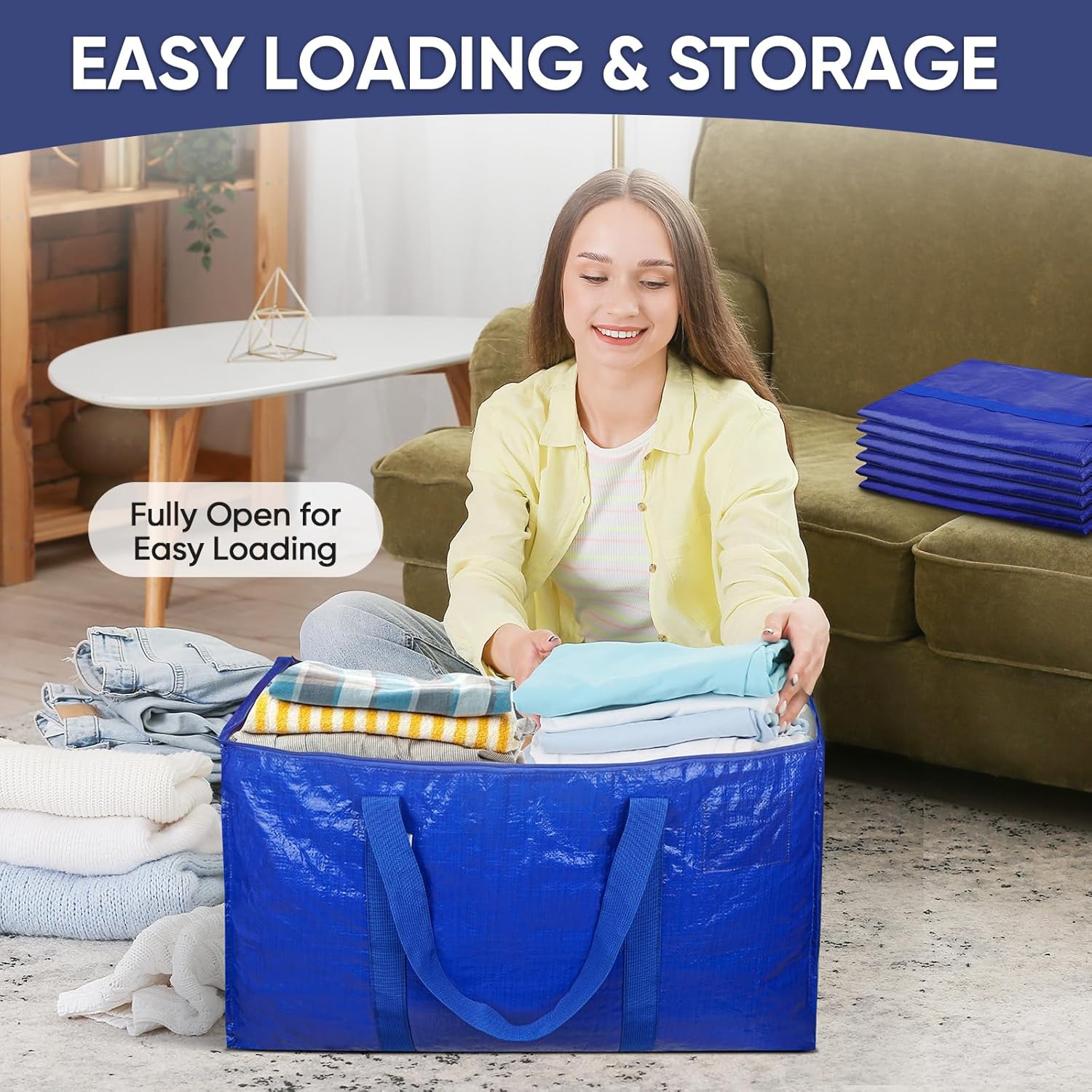 TICONN Extra Large Moving Bags - Heavy Duty Storage with Zippers & Handles | 6 Pack, Blue