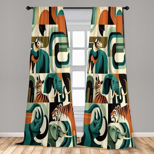 Ambesonne Animals Curtains, Urban Jungle Themed Modern Boho Detail Roundy Fox Elephant Tiger Print, Window Treatments 2 Panel Set for Living Room Bedroom, Pair of - 28" x 63", Dark Orange Teal Beige