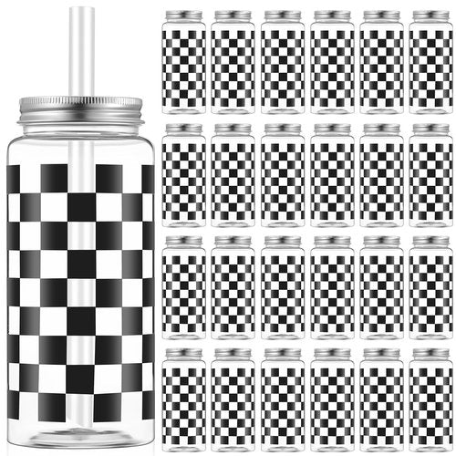Patelai 24 Pack Race Car Cups 13.5 oz Plastic Tumbler with Lid and Straw Checkered Flag Party Supplies Clear Black Plaid Cups for Race Car Birthday Sports Themed Party Supplies
