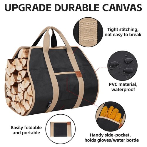 GoCampDirect Firewood Carriers with Handles - 39×18Inch Log Carrier | 1680D Canvas Water Resistant Tote Wood Carrying Bag for Camping Indoor