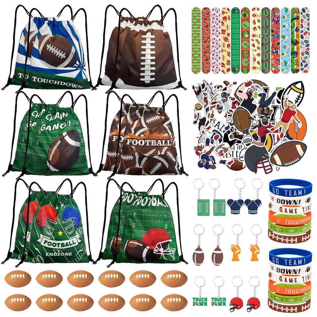 Yeepestmi 110Pcs Football Party Favors Drawstring Bags Football Goodie Bag with Mini Ball, Wristband, Slap bracelets, Keychains, Stickers for Football Party Supplies