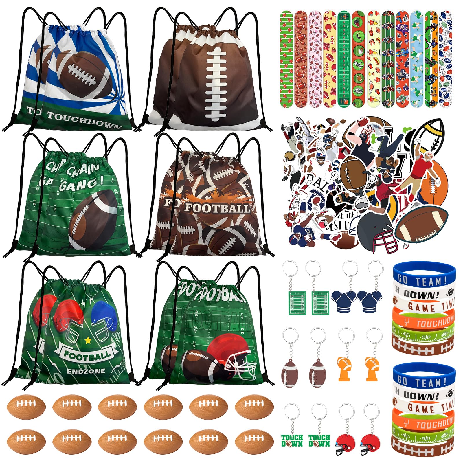 Yeepestmi 110Pcs Football Party Favors Drawstring Bags Football Goodie Bag with Mini Ball, Wristband, Slap bracelets, Keychains, Stickers for Football Party Supplies