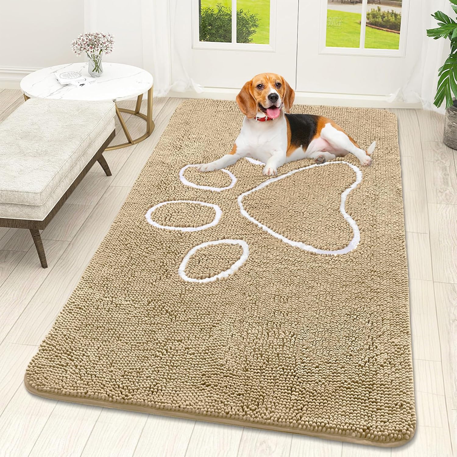 OLANLY Dog Door Mat - Absorbent Non-Slip Chenille Mud Mat for Muddy Paws | 59x32, Beige
