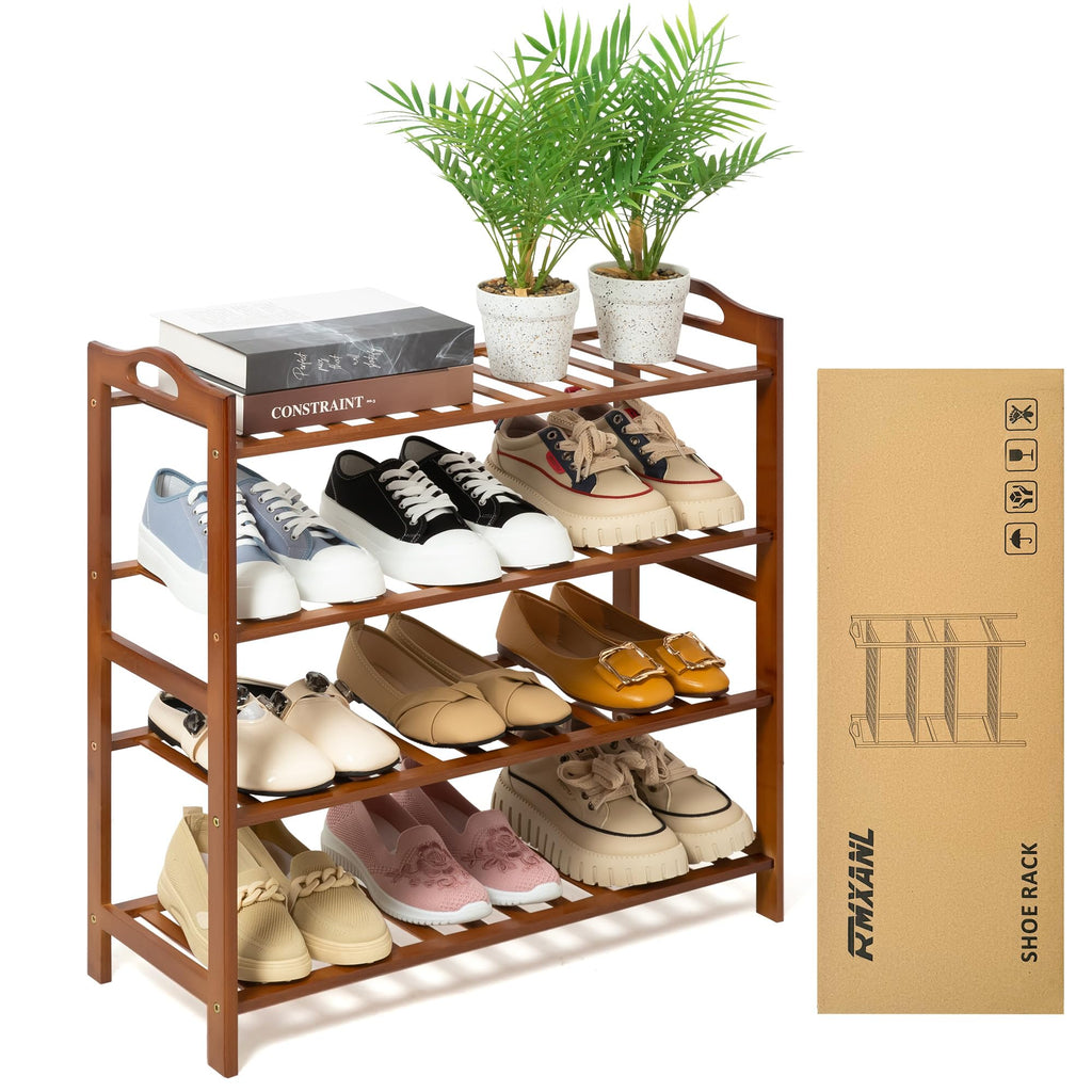 RMXANL 4 Tier Bamboo Shoe Rack, Free Standing Shoes Rack Shoe Shelf Shoe Organizer for Closet, Entryway, Bedroom, Living Room, Front Door, Studio, Bathroom