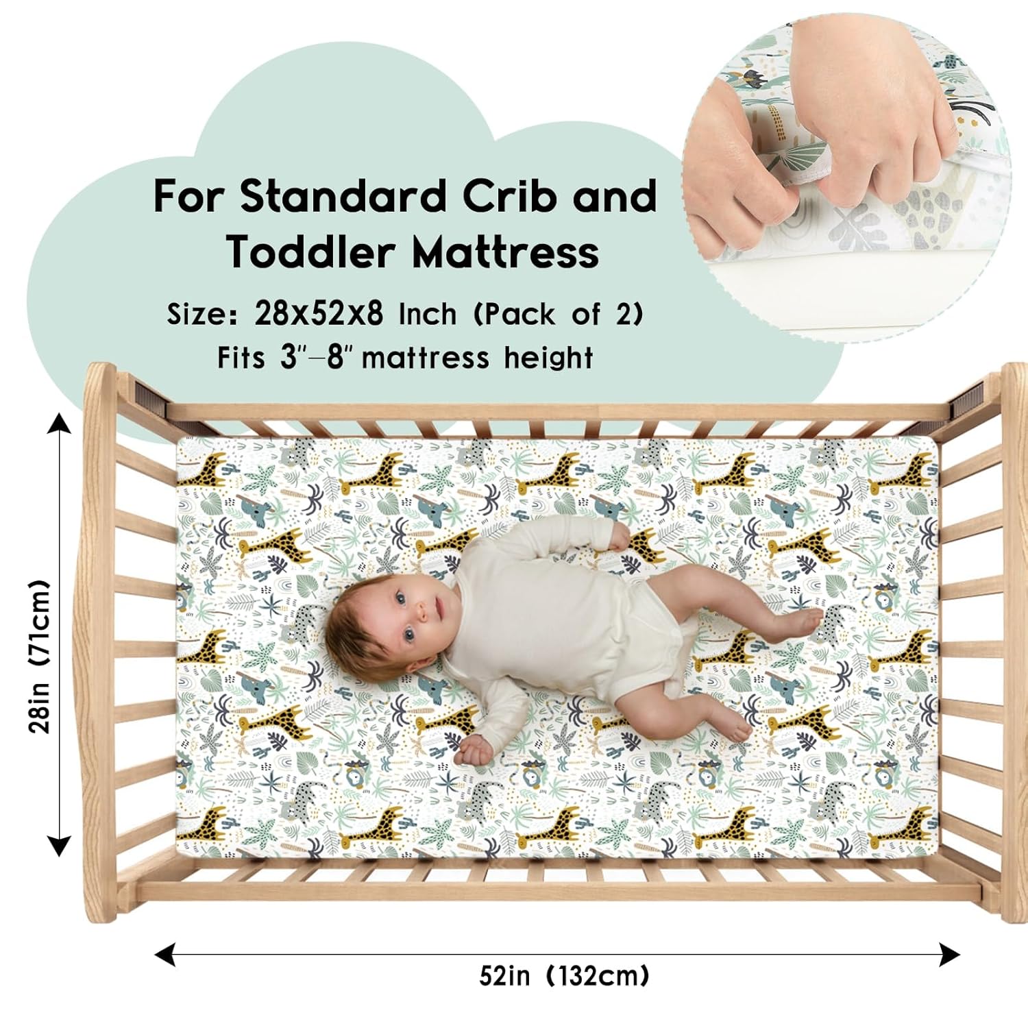 Yoofoss Fitted Baby Crib Sheets - Super Soft Microfiber 2-Pack for Standard Crib & Toddler Mattress | Green & Giraffe Design 28x52x8in