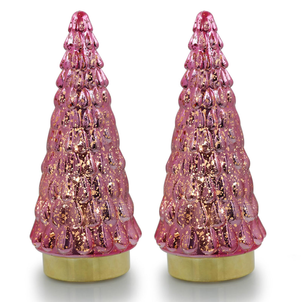 Pink Glass Christmas Tree 2pcs, Tabletop Mercury Christmas Tree with Light, Battery Operated Small Xmas Tree for Fireplace Centerpiece Decorations 10"
