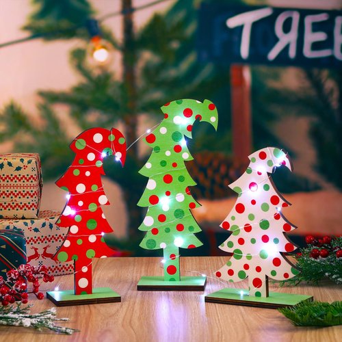 Meooeck 3 Pcs Lime Green Wood Christmas Tree Tabletop Bendable Christmas Tree Small Decor Farmhouse Standing with Rectangular Base for Home Office Tabletop Decor(Polka Dot)
