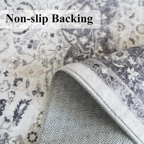 Hallway Washable Runner Rug - Vintage Soft Non-Slip Indoor Carpet | 2'6''x14'' Grey for Kitchen & Entryway