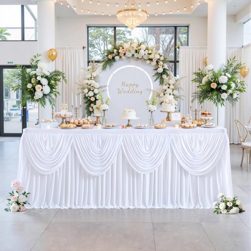 gogoparti White Ruffle Table Skirt for Rectangle Tables 14ft White Tutu Tablecloth for Wedding Birthday Party Bridal Banquet