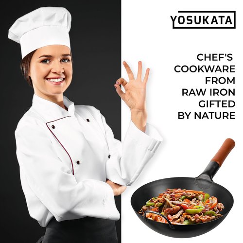 YOSUKATA 11.8" Carbon Steel Wok Pan – Pre-Seasoned Flat Bottom Pow Wok for Stir Fry, BBQ, Grill & Camping – Traditional Japanese Chinese Cookware – Compatible with Induction, Electric, Gas, Open Fire