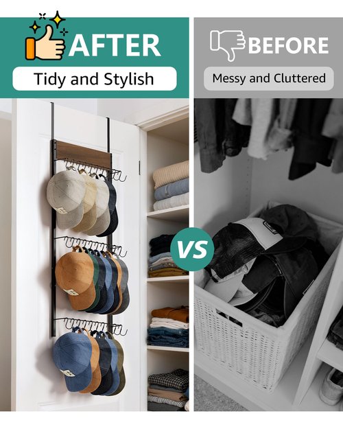 FANGSUN 3-Tier Over the Door Hat Rack with 30 Movable Hooks – Wall Mounted Hat Organizer for Baseball Cap Storage, Cap Holder Gifts for Men Dad, Christmas Presents