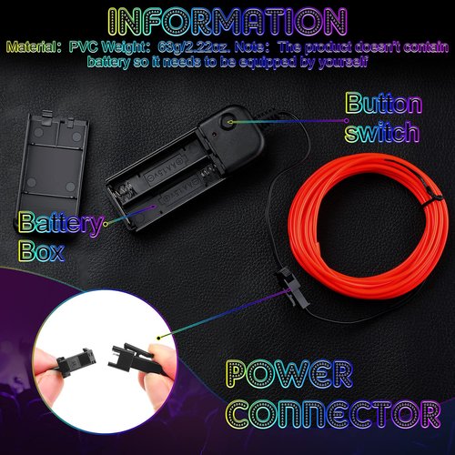 Konohan 6 Pcs Portable Wearable LED Lights Neon El Wire, Battery Operated, Glow Wire for DIY Costume, Halloween, Christmas Decorations(Red, Pink, Blue, Green, Purple, Yellow,16.4 Feet)
