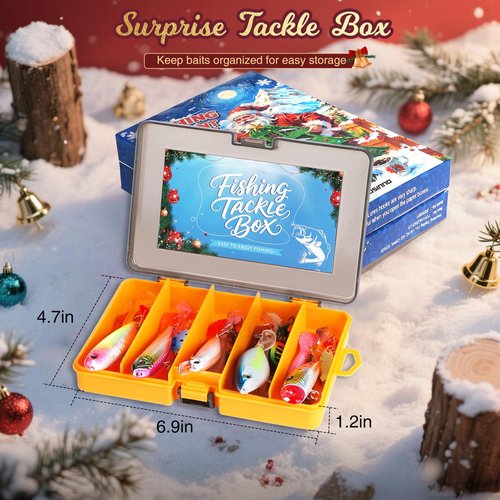 PLUSINNO Fishing Advent Calendar 2025 with Tackle Box and Premium Lures, 24 Days Christmas Countdown Advent Calendar Fishing Gifts for Men, Teens, Boys