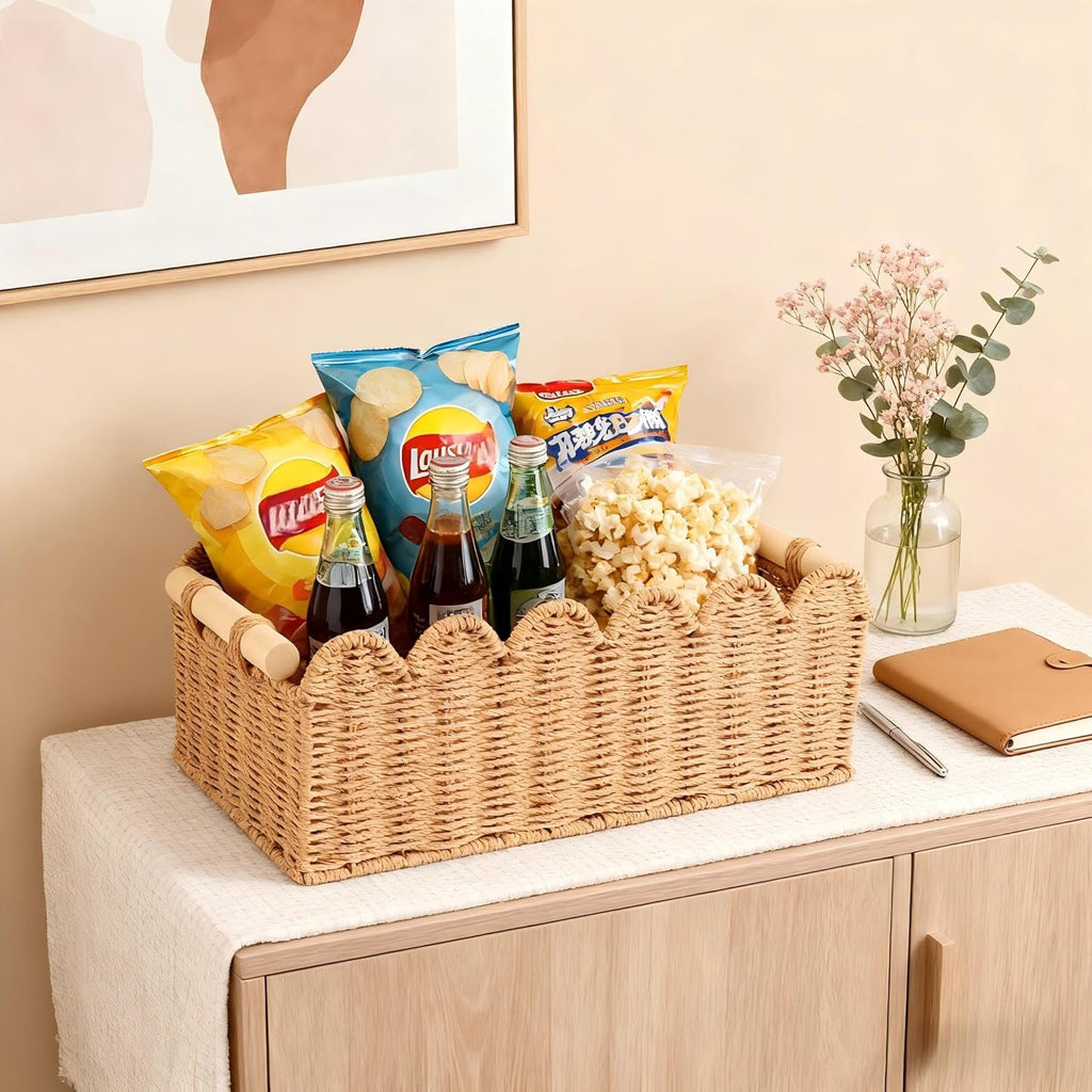 Scalloped Organizer Basket - Hand Woven Paper Rope Toilet Tank Storage with Wooden Handle | 14.2 x 6.5 x 5 Inches