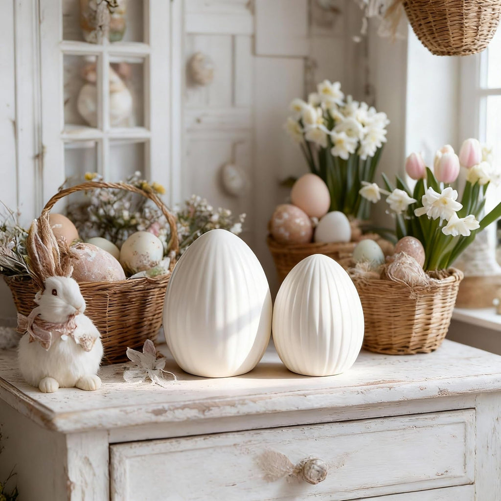 Skiennix Large Ceramic Easter Egg - White Spring Table Centerpiece for Minimalist Decor | 2 Pcs Set
