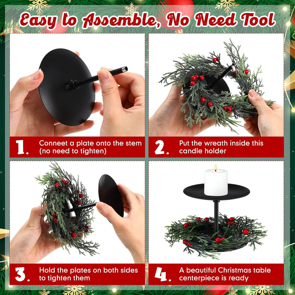 Baderke Christmas Candle Holders Set - 3 Sizes with Artificial Wreath & Red Berry Pine Garland