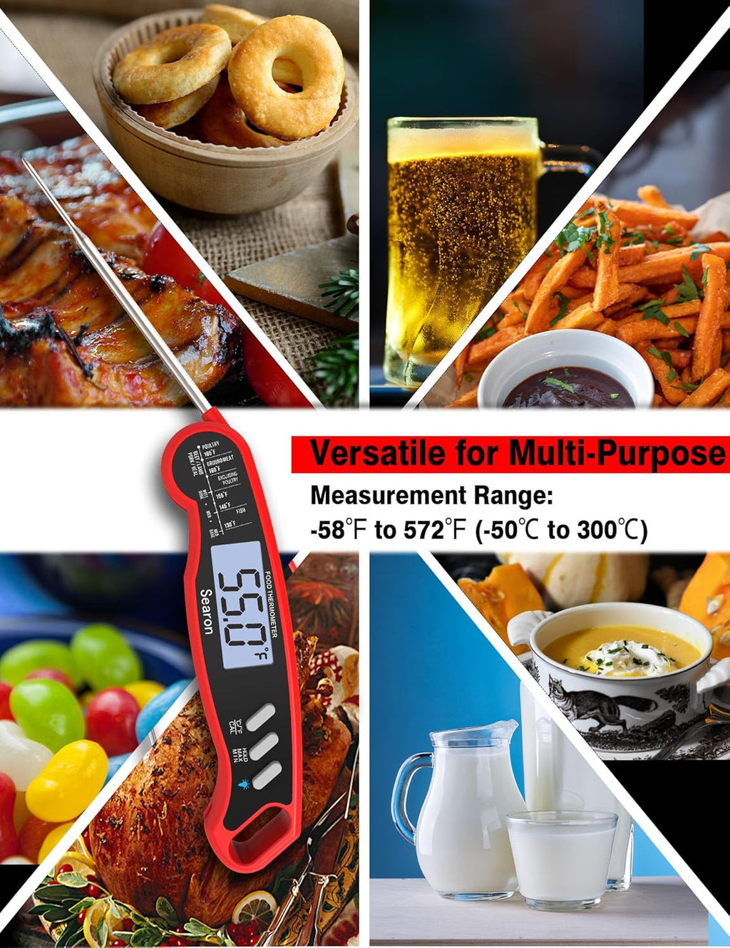 Searon Digital Meat Thermometer - Instant Read, Waterproof Design for BBQ, Grilling & Baking