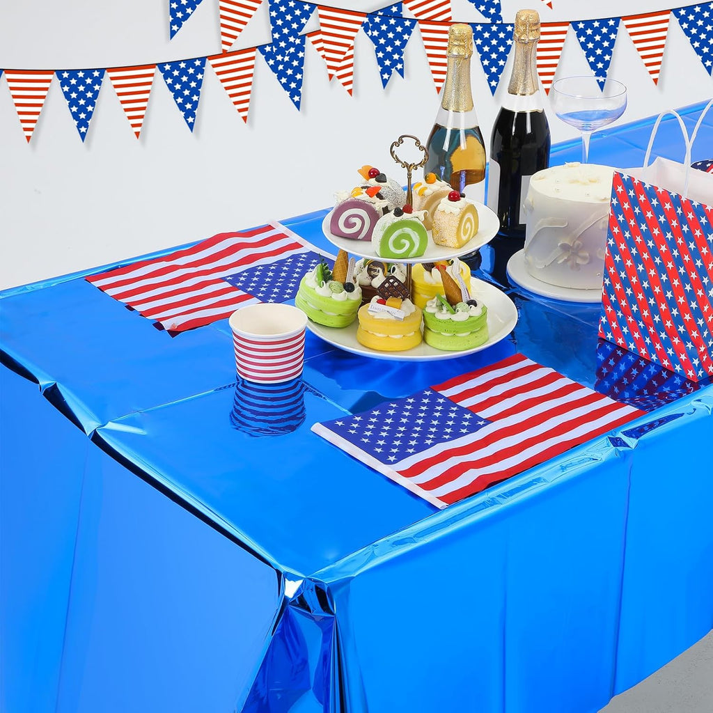 Regine Switzerland 4th of July Tablecloths - Patriotic Foil Design | 54 x 108 Inch Rectangle, Red/Silver/Blue