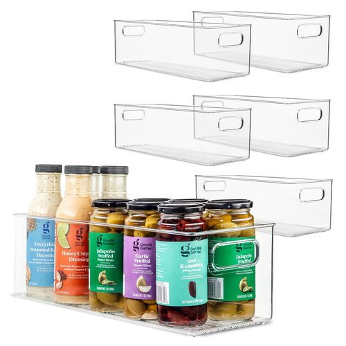 Plastic Food Storage 6 Pack Clear Container Bin with Handles for Organizing Kitchen, Pantry, Fridge, Freezer, Pantry, Bathroom. 14"x6"5"