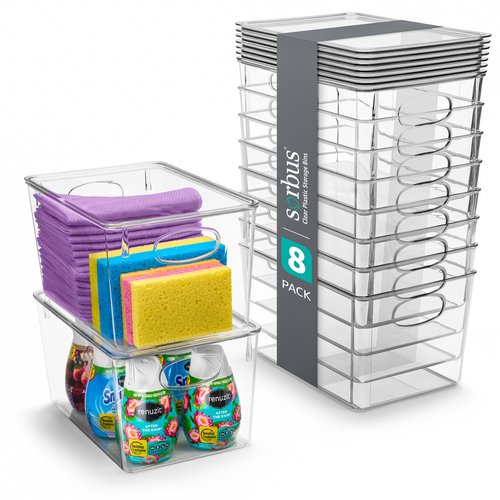 Sorbus Large Clear Plastic Storage Bins with Lids, Clear Stackable Storage Bins, Laundry Room Organizer Bins, Office, Classroom, Playroom, Bathroom, Laundry Room Organization and Storage (8 Pack)