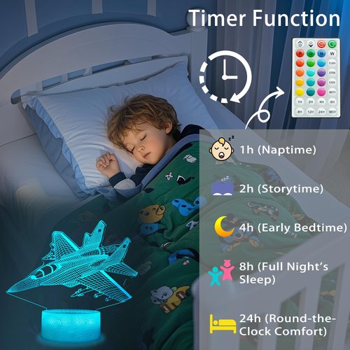 POSSHE Warplane Night Light, Airplane Gifts, Aviation 3D Illusion Night Light with 16 Colors Changing, Remote Control with Timer, Fighter Kids Room Decoration for Holiday Birthday Christmas